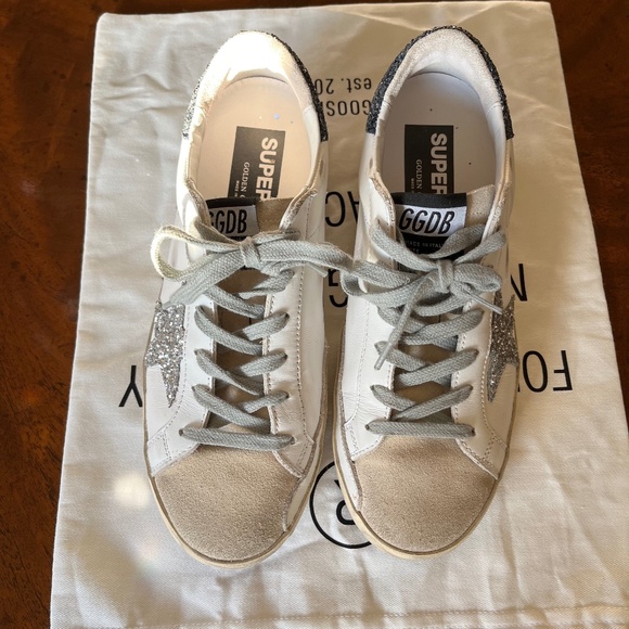 Golden Goose SuperStar sneakers- silver star and glittery navy heel tab Sz 8(38) - Picture 5 of 11
